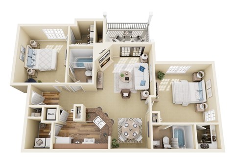Floor plan for 2 beds, 2 baths, 1225 sqft